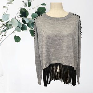 Boho Gray Acrylic Wool Blend Black Fringed Sweater Top S